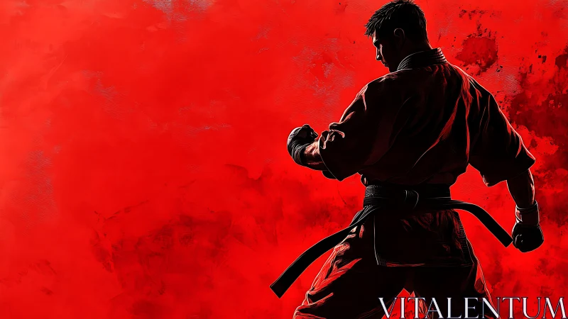 Martial artist silhouette dominated by red textured backdrop