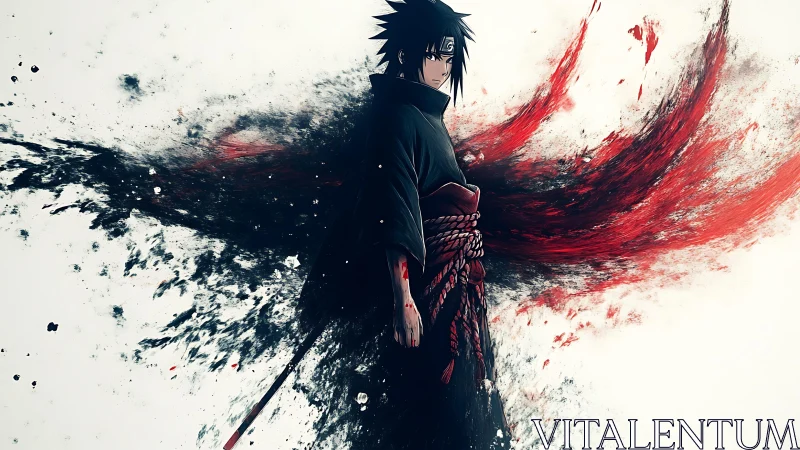 Dark anime swordsman framed by explosive ink and blood arcs