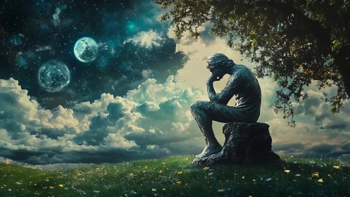 Contemplative stone figure under dual moons in surreal sky.