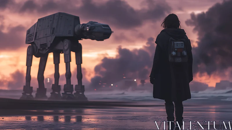 Solitary figure faces giant walker on misty war-torn beach.