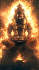 Seated mythic figure in meditation amid surrounding flames.