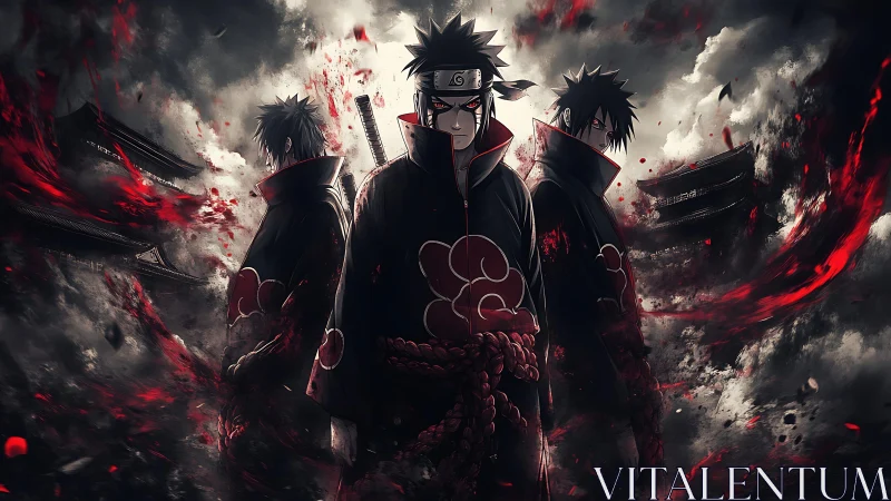 Dark shinobi trio stands amid swirling red storm energy