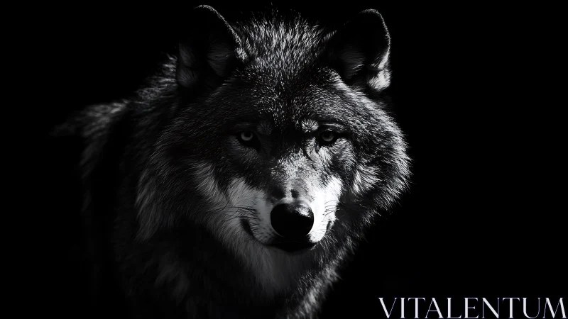 Moonlit shadow wolf staring through the velvet dark.