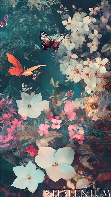 Luminescent Butterflies Drift Through Layered Floral Collage