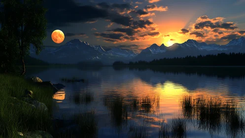 Mountain lake sunset with mirrored sky and rising moon.