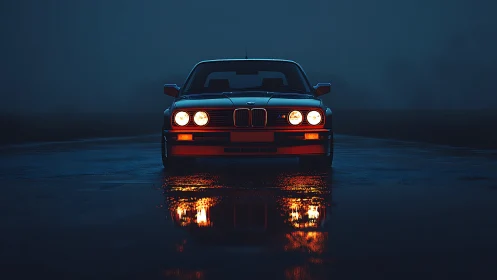 Classic BMW coupe on wet night road with headlight reflections.