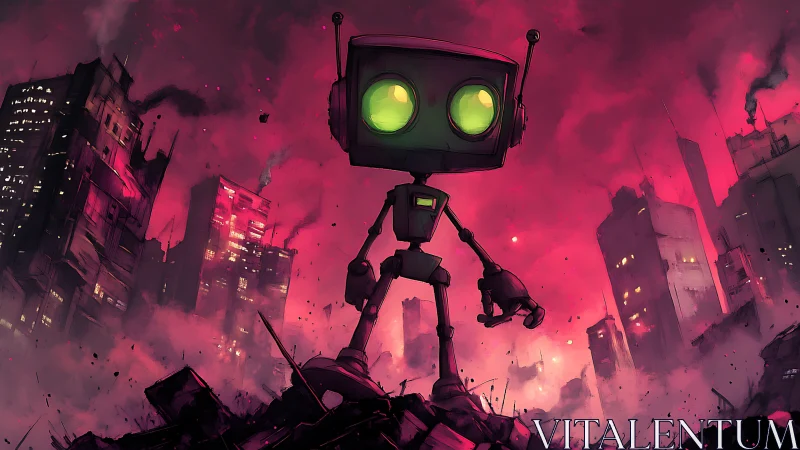 Neon-eyed robot amid crimson apocalyptic cityscape.