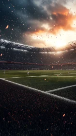 Dramatic floodlit soccer arena under stormlit sunset sky.
