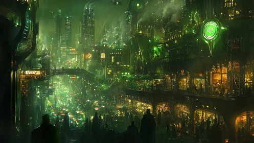 Neon smog metropolis hums under rain-soaked emerald glow.