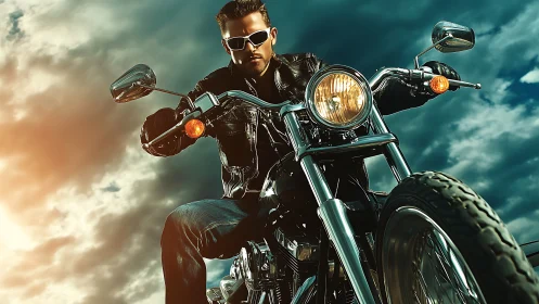Low-angle cruiser motorcycle portrait under storm-lit sky.