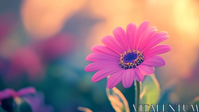 Pink Gerbera Daisy with Dark Center Under Warm Sunlight