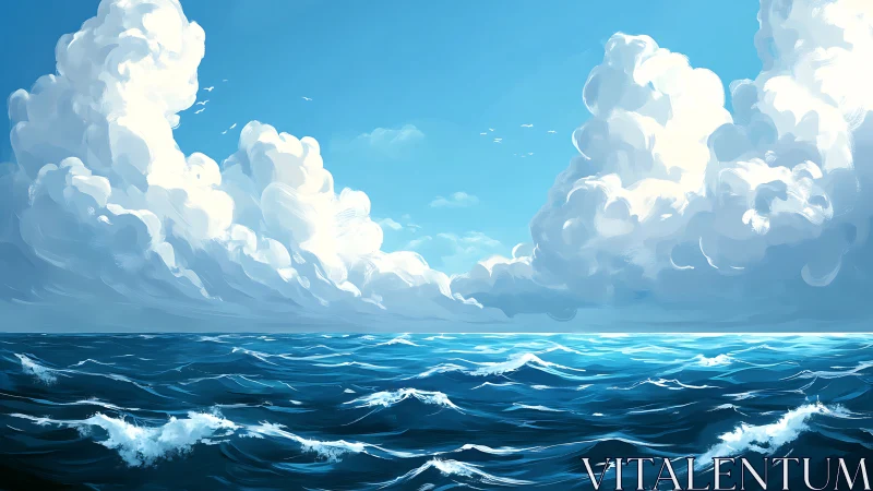 Digital seascape shows rolling waves under towering clouds