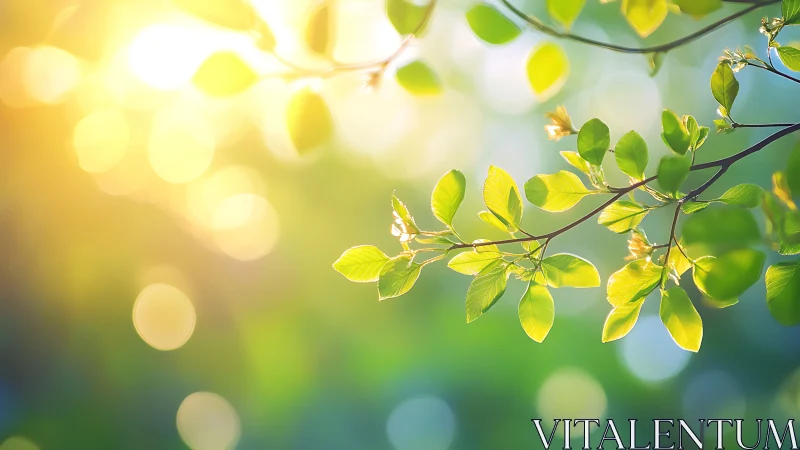 Sunlit tree branch with fresh green leaves, soft bokeh background.