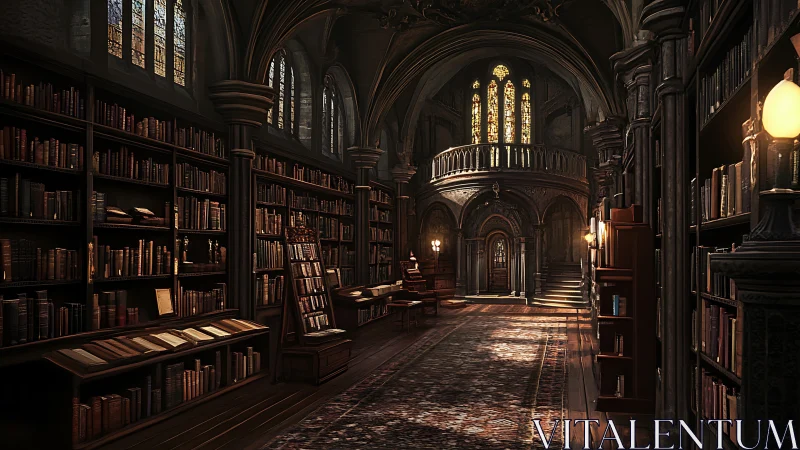 Gothic digital painting of vaulted cathedral library interior.