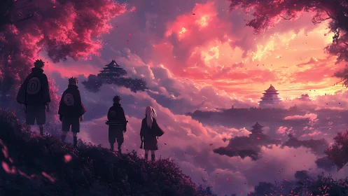 Silhouetted figures observe layered cloud temples at sunset