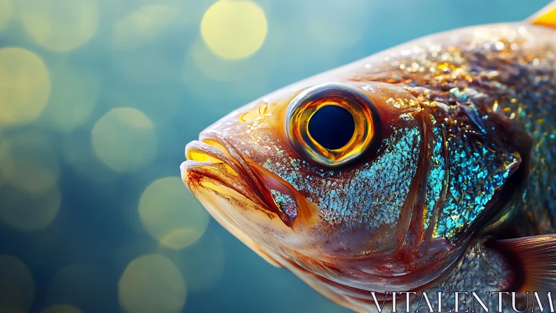 Fish head closeup shows iridescent scales and large eye