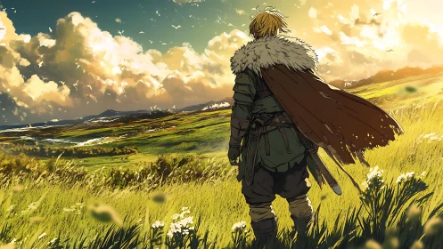 Cloaked figure viewing expansive sunlit rural landscape.