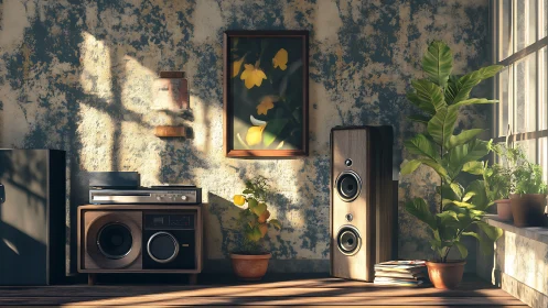 Sunlit vintage music corner wrapped in plants and warmth.