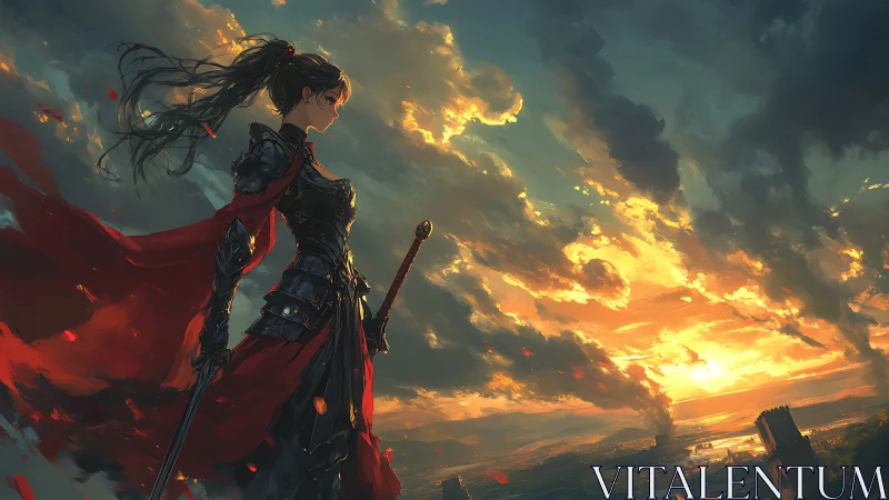 Armored swordswoman overlooking distant burning landscape.