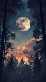 Luminous Moon Framed Between Dark Forest Silhouettes.