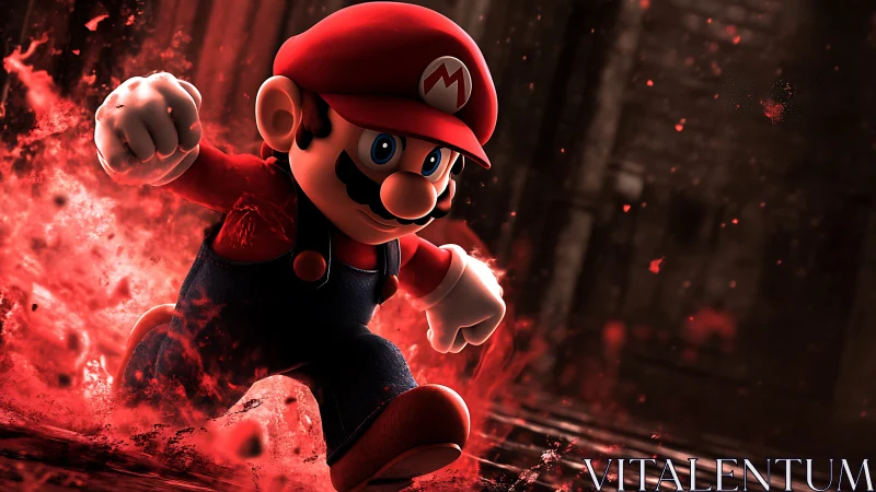 Heroic red-capped plumber charges through glowing sparks.