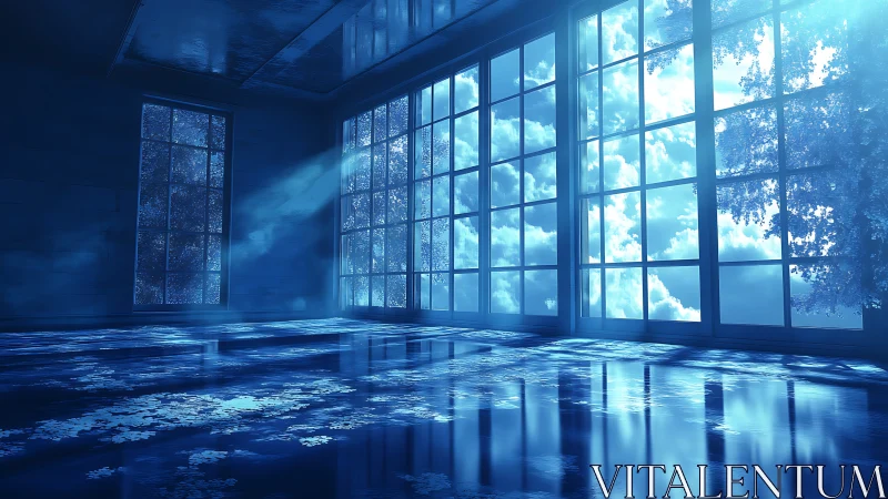 Aerial cloudscape reflected on flooded glass interior plane.