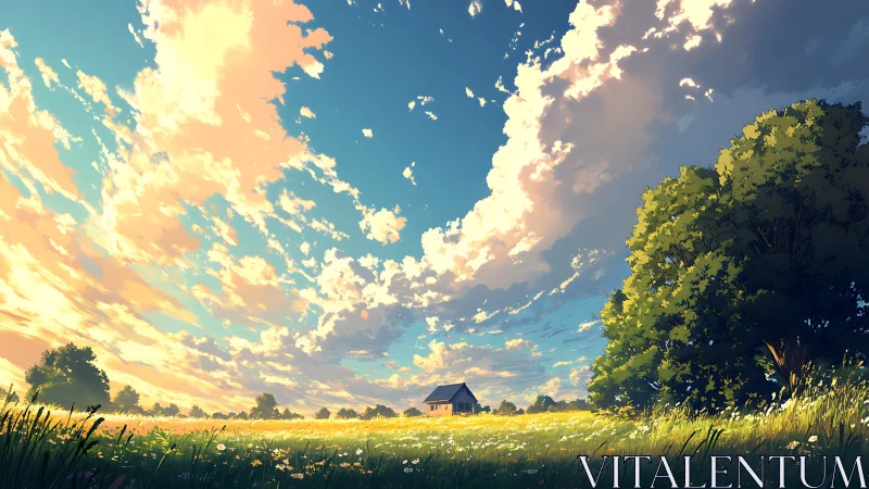 Sunlit rural meadow under expansive cumulus sunset sky