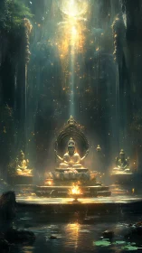 Sacred lotus sanctuary beneath cascading golden light.