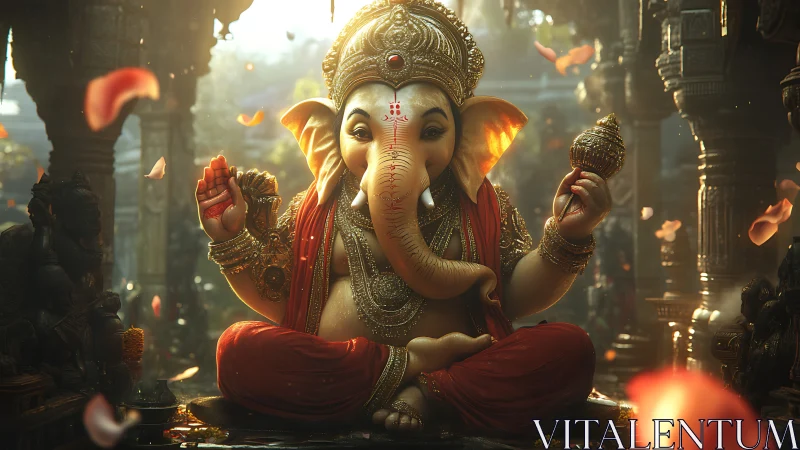 Radiant Ganesha statue glows softly in a sacred temple hall