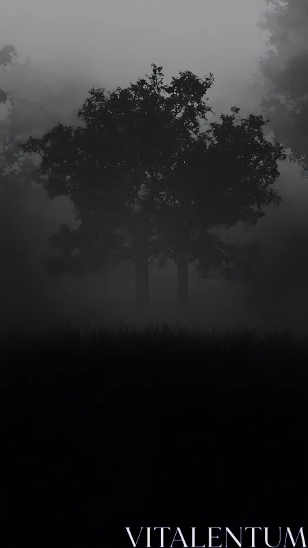 Silhouetted trees emerge from heavy fog in a dark forest.