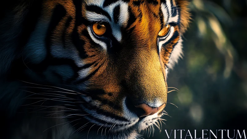 Close-up tiger portrait with intense golden eyes in shadow.