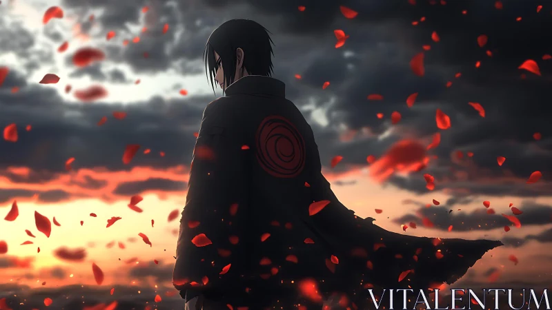Solitary cloaked figure amid red petals at sunset horizon.