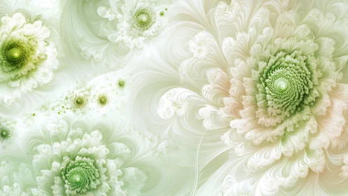 Pale green fractal blossoms spiral across soft mist field