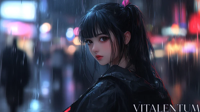 Neon rain portrait of dark haired girl in reflective jacket.