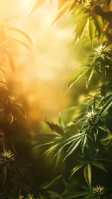Sunlit cannabis leaves glow warmly in soft golden haze