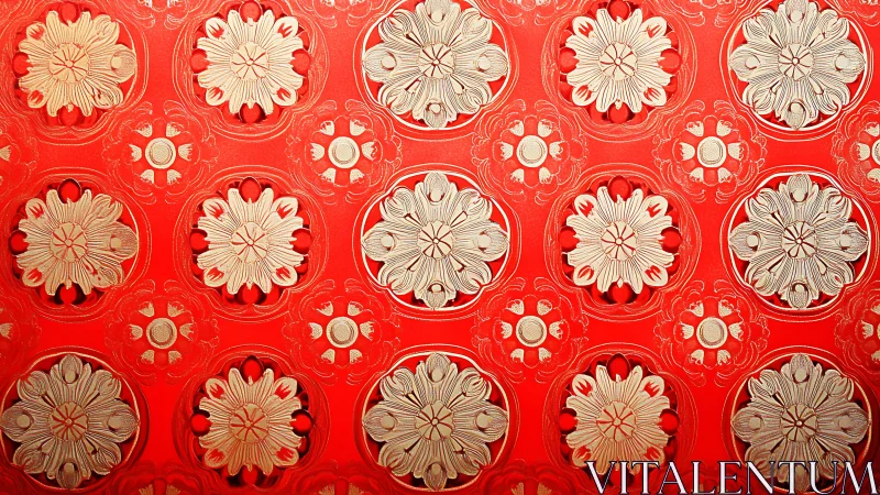 Ornate golden floral pattern on vibrant red wallpaper background.