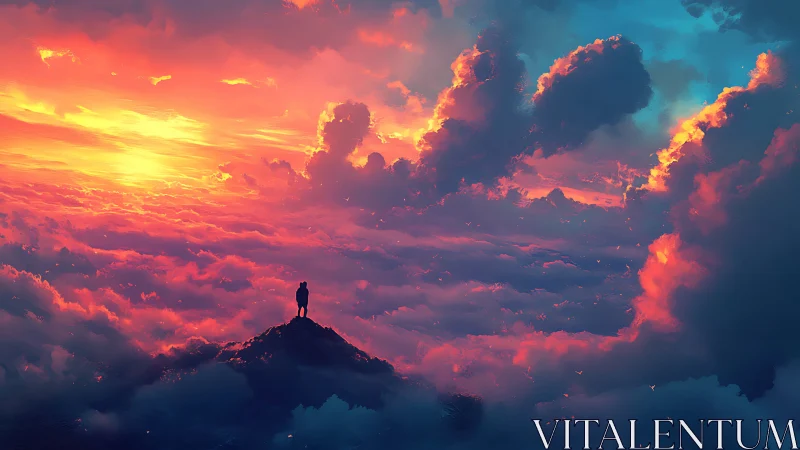 Solitary dreamer crowned by a storm of burning clouds.