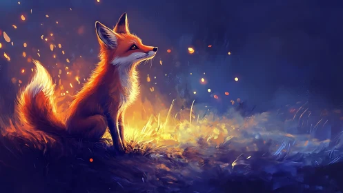 Red fox illuminated by warm ground light in night scene.