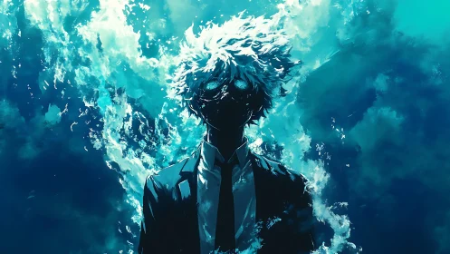 Shrouded figure in suit stands amid turbulent teal energy