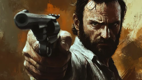 Gritty digital portrait of bearded man aiming revolver forward