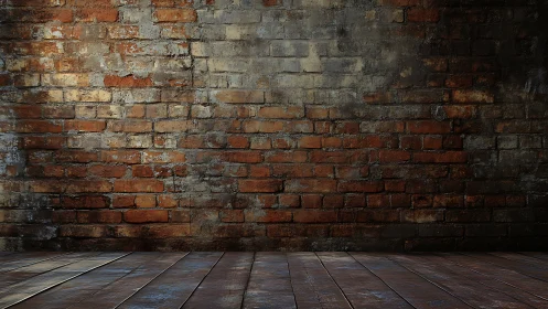 Weathered brick wall with worn wooden floor background.
