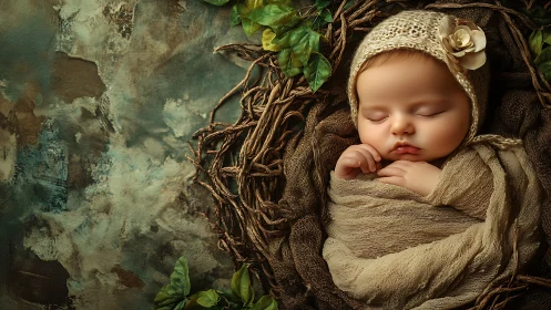 Infant in Textile Wrapping Against Aged Stone Surface.