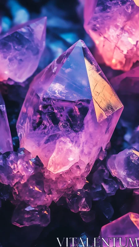 Macro crystal cluster in neon chromatic gradient lighting.