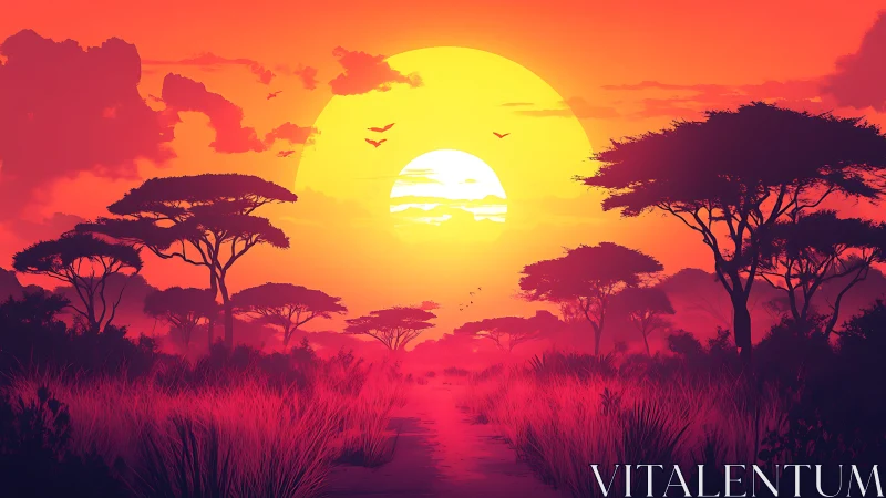 Blazing savanna sunset silhouettes acacia trees in haze.