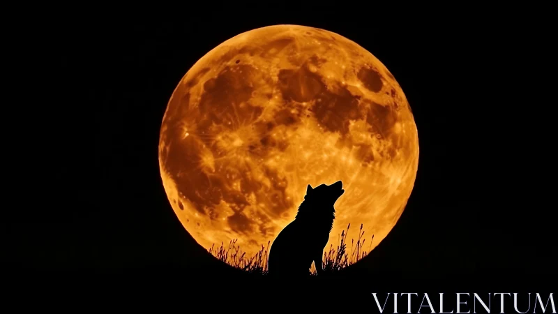Silhouetted wolf howls against magnified orange full moon