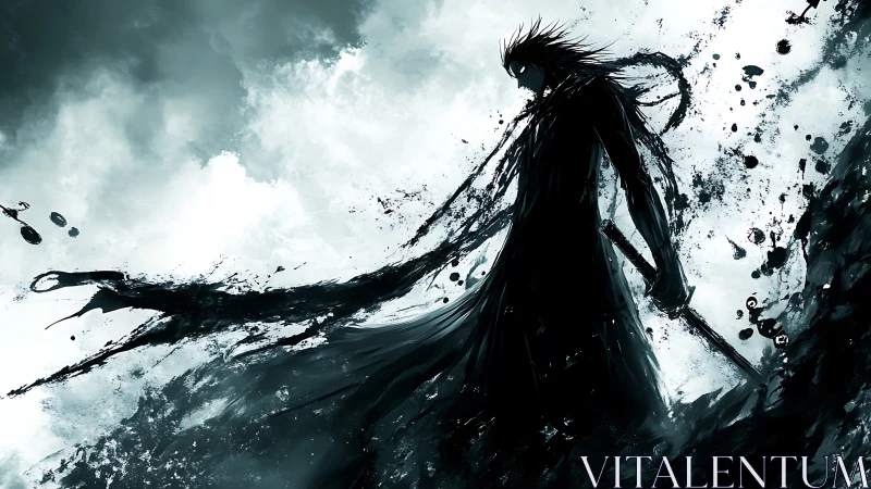 Shadow warrior emerges through storm of ink and chaos.