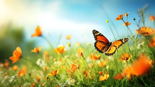 Monarch butterfly drifts above glowing orange wildflower meadow