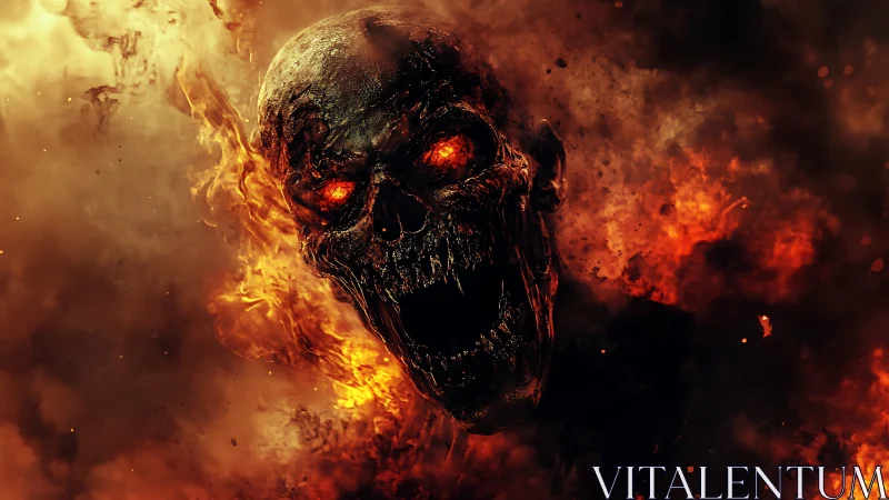 Burning skull emerges from dense orange and black flames
