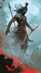 Warrior figure strides through smoke with glowing spear