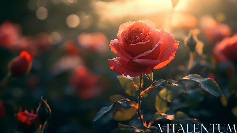 Golden Hour Red Rose Portrait With Selective Focus Garden.